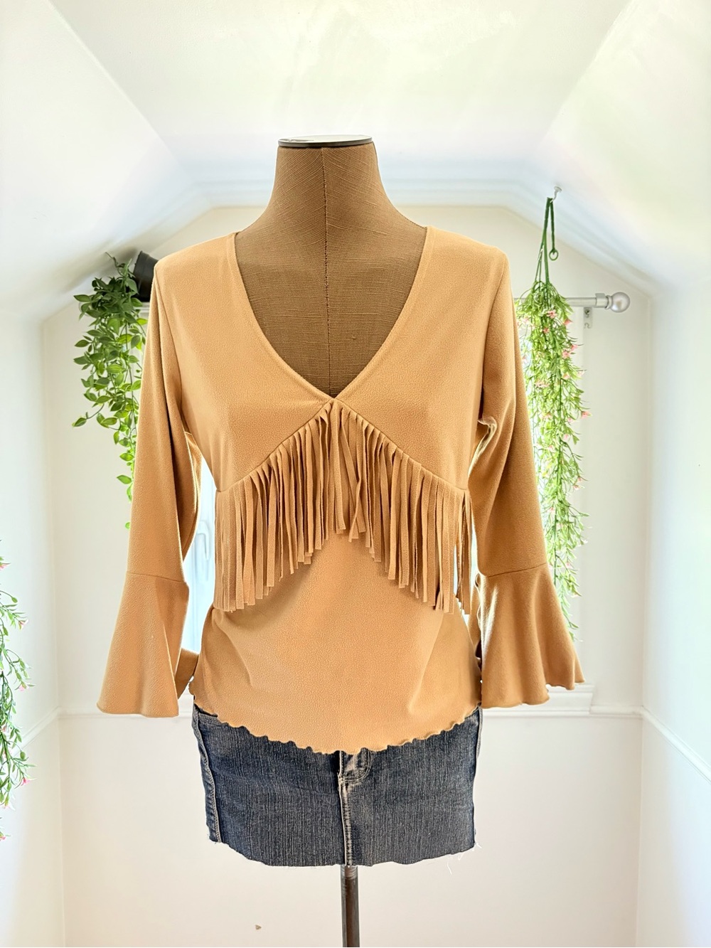 Fringe V-Neck Bell Sleeve Top in Camel